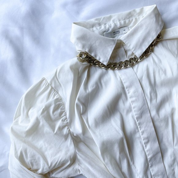 PRADA White Button-Up Blouse with Puff Sleeves and Tie Waist | Size 4 Excellent - Picture 2 of 8